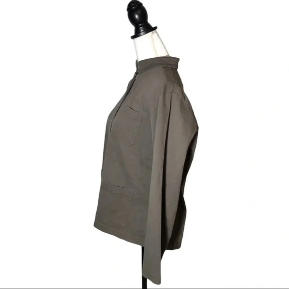 EILEEN FISHER Organic Cotton Mandarin Collar Olive Green Utility Shacket - Picture 4 of 10